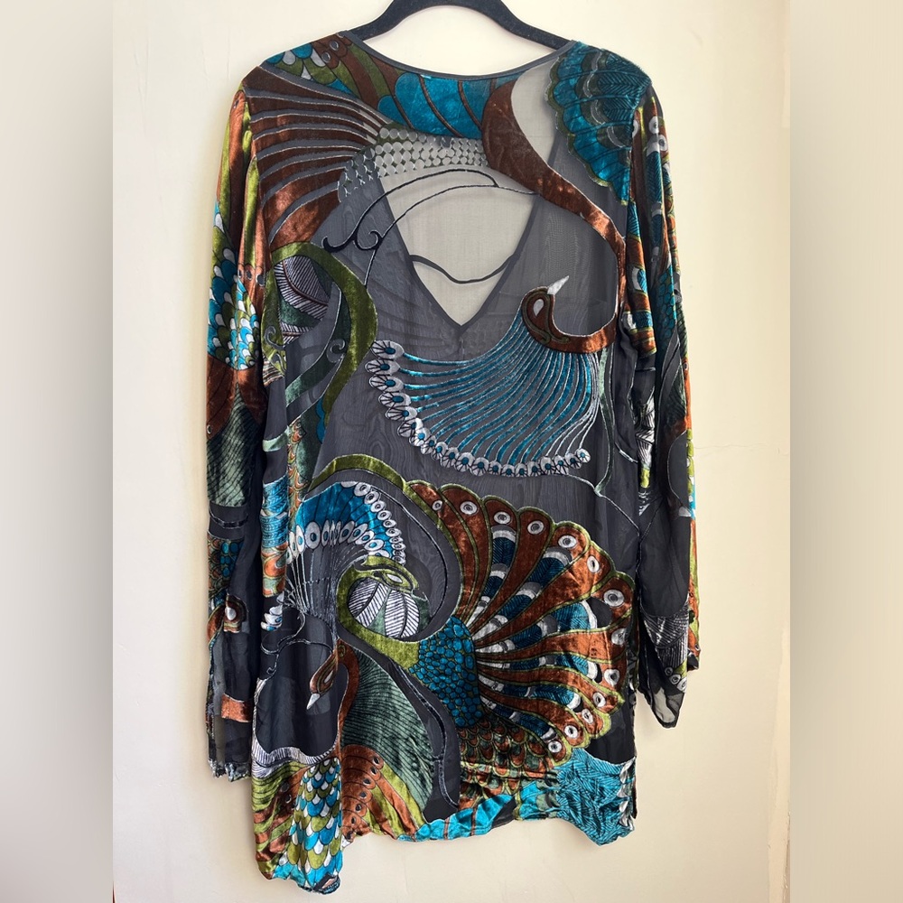 100% silk burnout velvet peacock tunic top - Picture 13 of 13